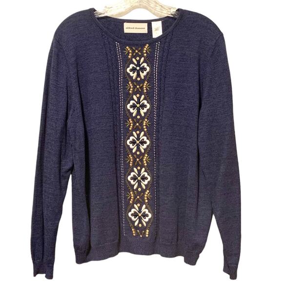 ALFRED DUNNER L Top Embroidered Sequins Beaded Cable Knit Sweater Blue Boho - Picture 1 of 8